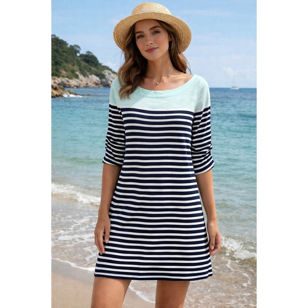Lilly Pulitzer Mint and Navy Striped Boatneck Shift Dress